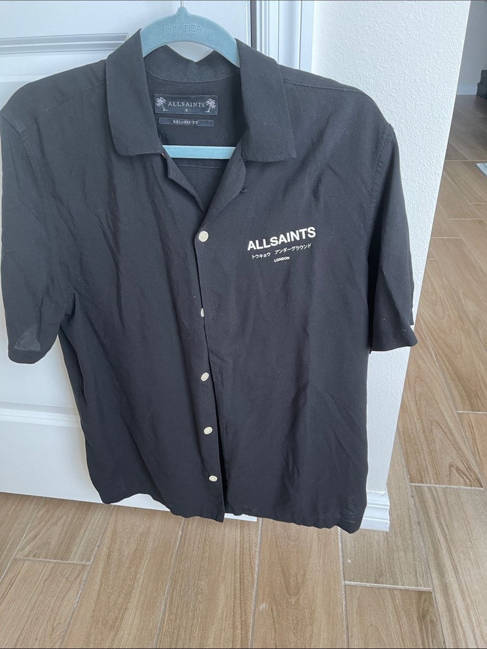AllSaints Black Short-Sleeve Button Down Shirt with Logo